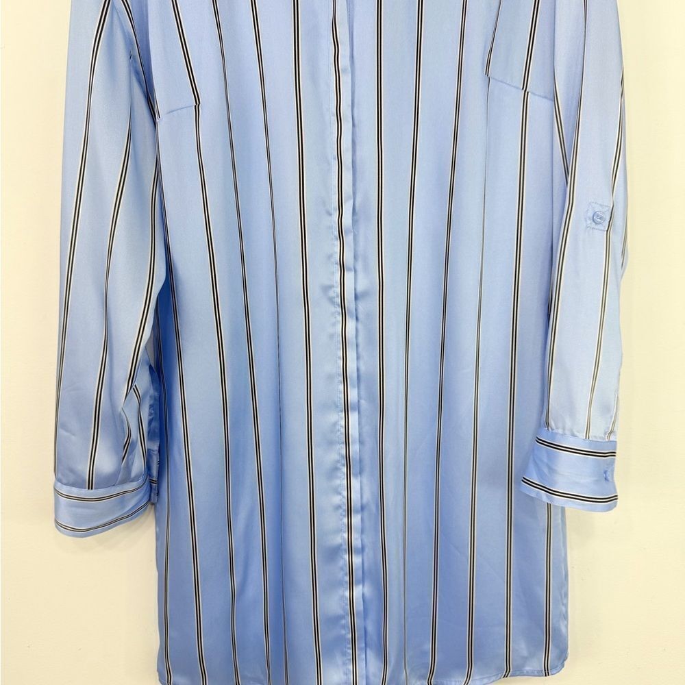 Express Light Blue Black Vertical Stripe Tab Sleeve Collared Shirt Dress NEW - Picture 3 of 15